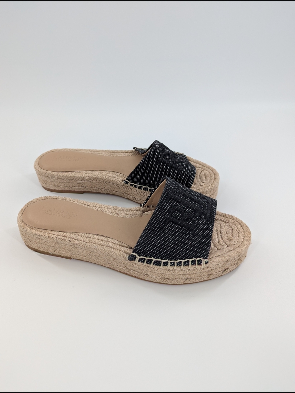 Ralph Lauren Polly Denim Espadrille Slides Blue Monogram Jute Platform Sandals 7
